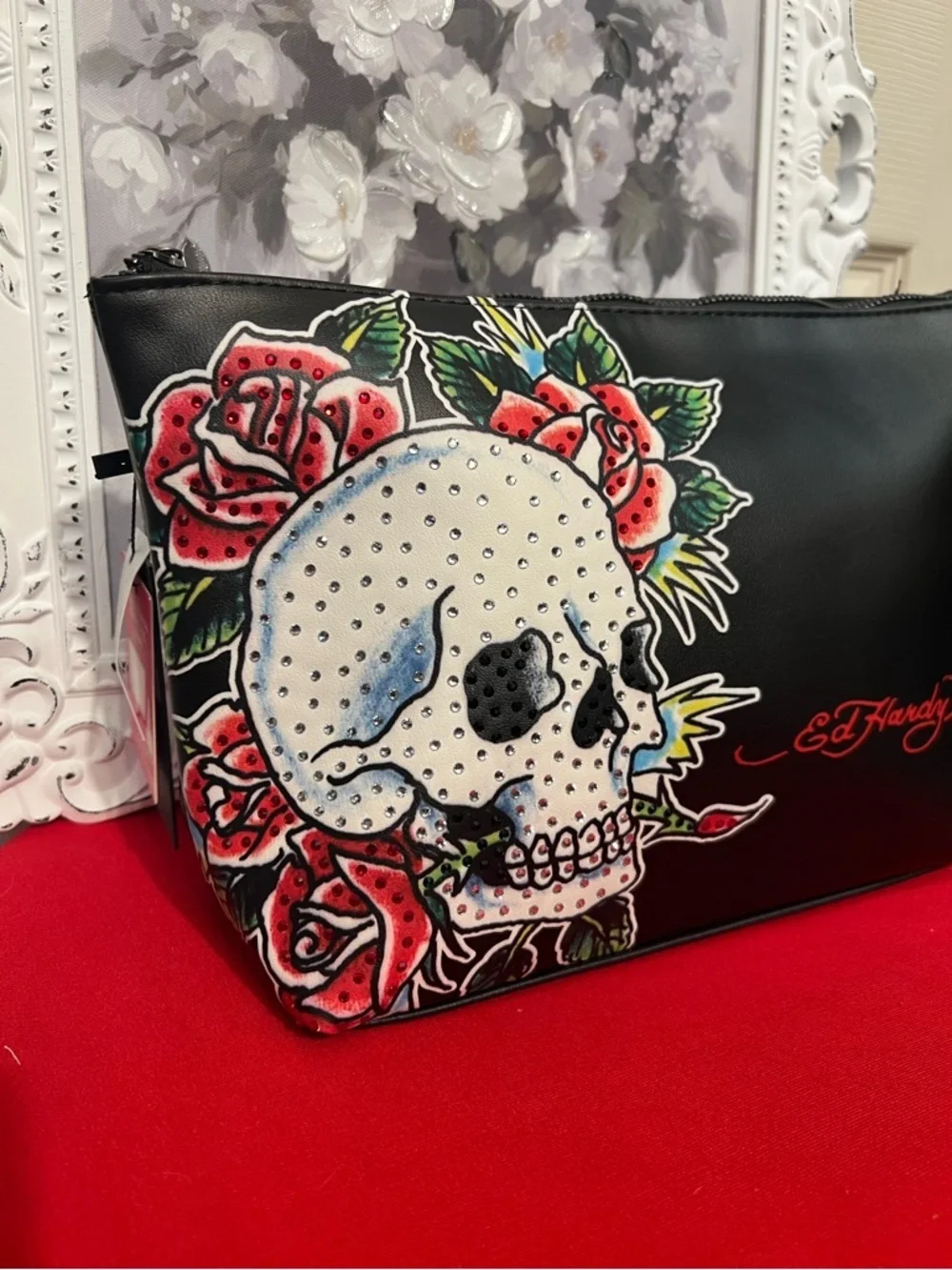 ❤️‍🔥Ed Hardy Rhinestone Black Skull & Rose Cosmetic Pouch-NWT❤️‍🔥